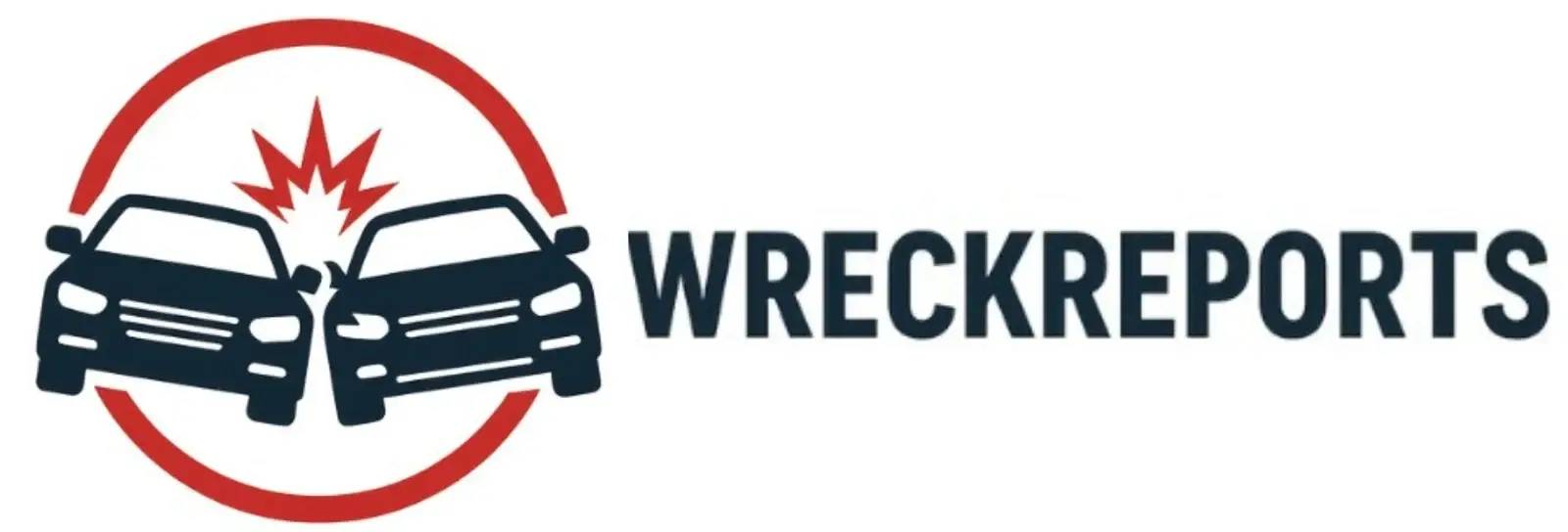 WRECKREPORTS logo showing two dark blue cars colliding inside a red circle with the text WRECKREPORTS to the right.